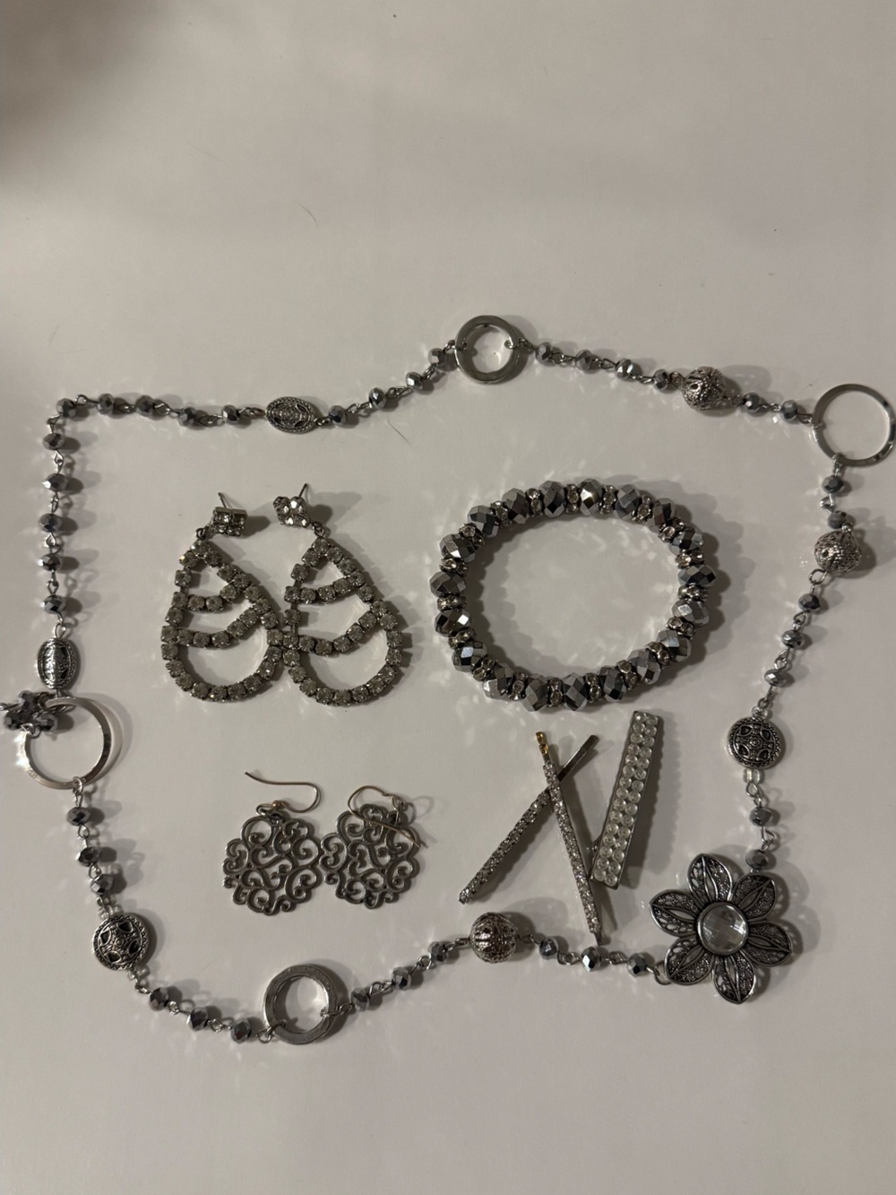 Silver Crystal Hoop Earrings & Bracelet Set - Women Jewelry